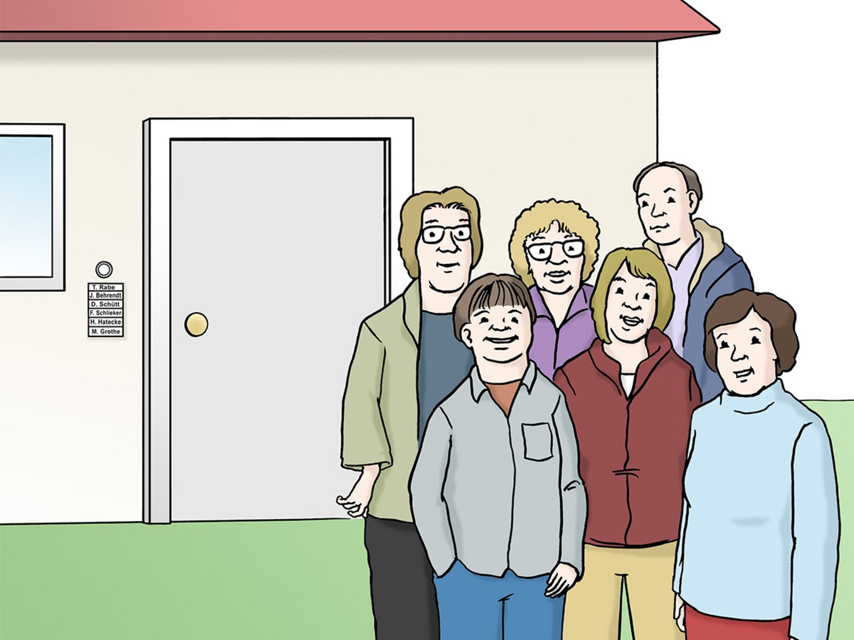 Menschengruppe verschiedenen Alters steht vor einem Haus