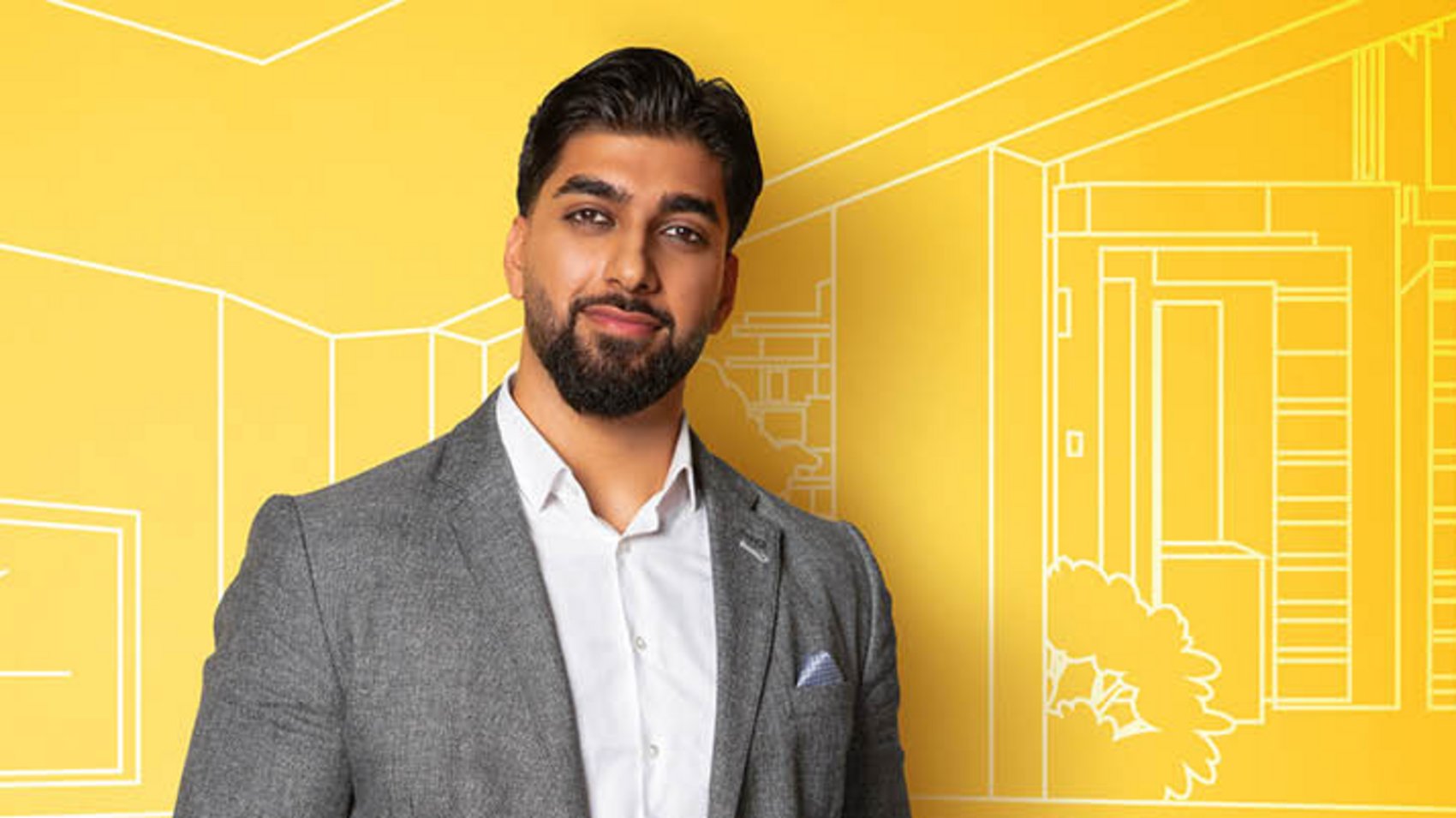 Männliche Person hinter einem gelben Hintergrund