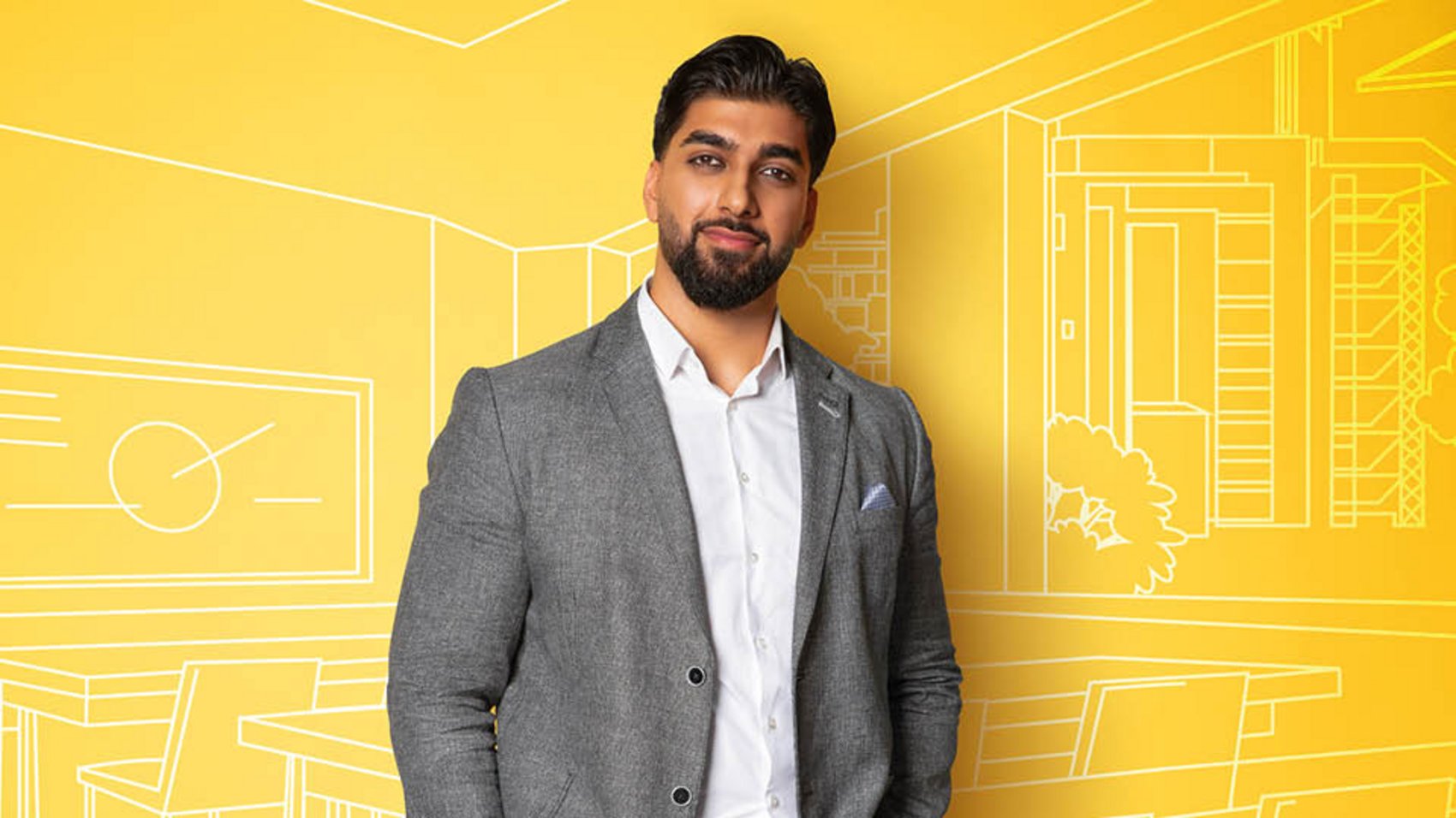 Männliche Person hinter einem gelben Hintergrund