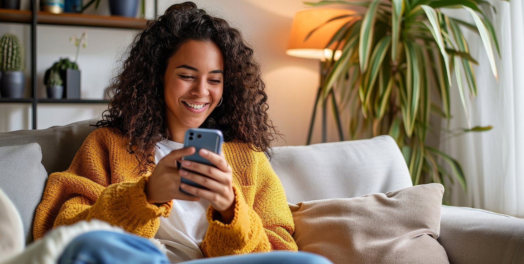 Frau auf Sofa mit Handy in der Hand