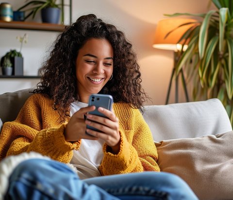 Frau auf Sofa mit Handy in der Hand