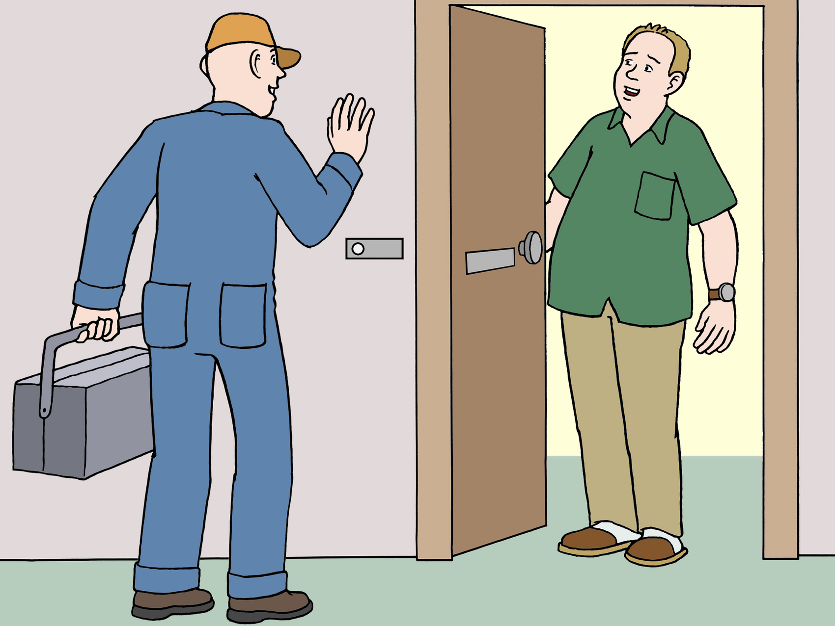 Mieter öffnet Handwerk die Tür.